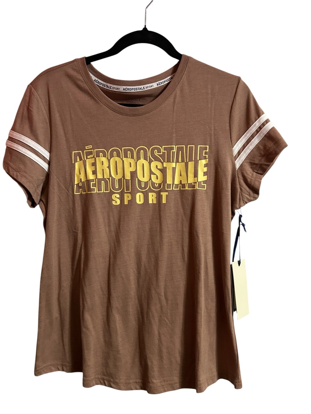 Aeropostale Brown Tee with Yellow Logo and White Sleeve Stripes